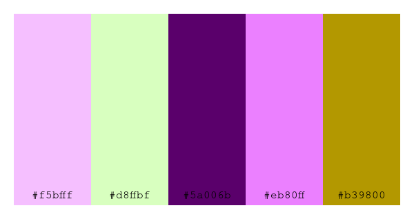 ColPaletteBot's tweet photo. Beep beep, here's a pretty color palette for you! 

color-scheme.js parameters used: 
- hue: 308
- variation: default
- colors: #f5bfff, #d8ffbf, #5a006b, #eb80ff, #b39800

Have a lovely evening!

#twitterbot #colorpalette #colors #palette #prettycolors https://t.co/MRcZCOJGSp