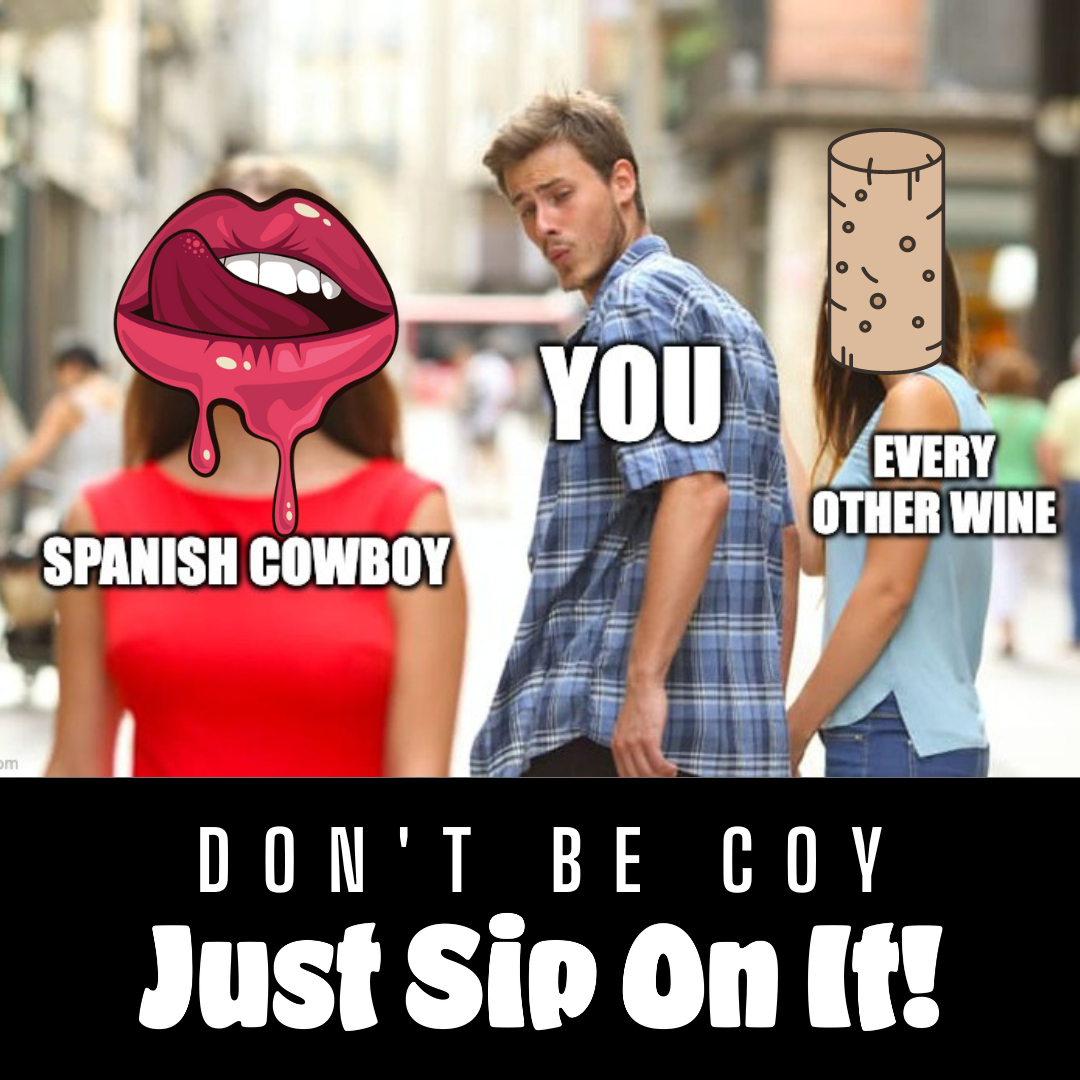 FringeWines's tweet photo. Make 'em all jelly... 
Just sip on it
https://t.co/pU3ppi4HTE
#fringewines #meme #wine #spanishcowboy https://t.co/da6W0n7z7G