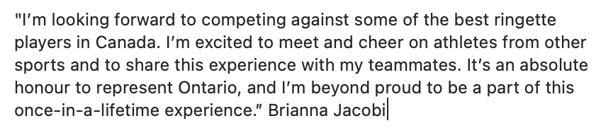 RingetteOntario's tweet photo. What it means to be going to @2023CanadaGames &amp; being on Team O for Brianna Jacobu. 

#WeAreRingette | #RingetteON | #TeamO | #PlayerQuote | ##2023CanadaGames | #CWG2023 | #JDC2023 https://t.co/pVu1IAOWse