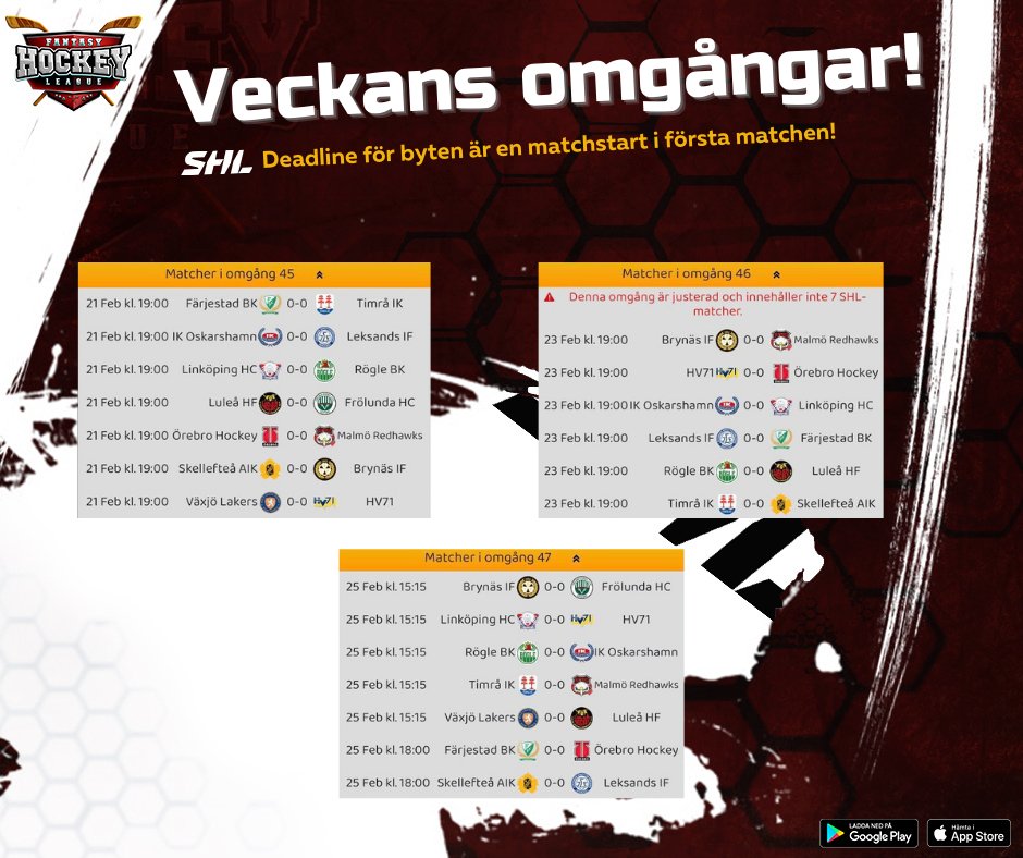 Veckans första SHL omgång drar igång ikväll! Missa inte detta! Endast en handfull omgångar kvar innan slutspelet drar igång. Hur agerar du för att säkra upp de bästa inför slutspelet?