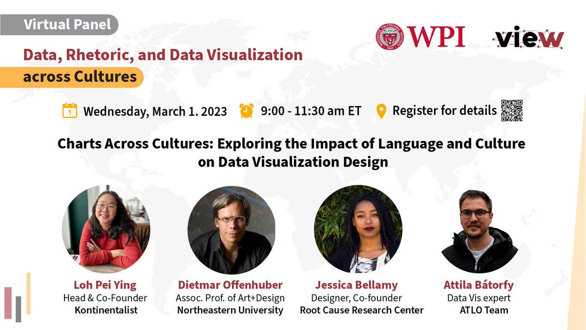 📢 The Data Vis lab <a href="/WPI/">WPI</a> is hosting a virtual panel on Charts Across Cultures!
📍Wed. March 1st, 9 - 11:30 am ET
Register to join a discussion about the impact of language &amp; culture on data vis &amp; design, w/ panelists <a href="/hellopeiying/">Peiying Loh</a> <a href="/dietoff/">dietmar offenhuber</a> <a href="/JBellaGraphics/">Jessica Bellamy (any/all/y’all)</a> <a href="/attilabatorfy/">attilabatorfy.bsky.social</a> 🧵
Link👇🏽