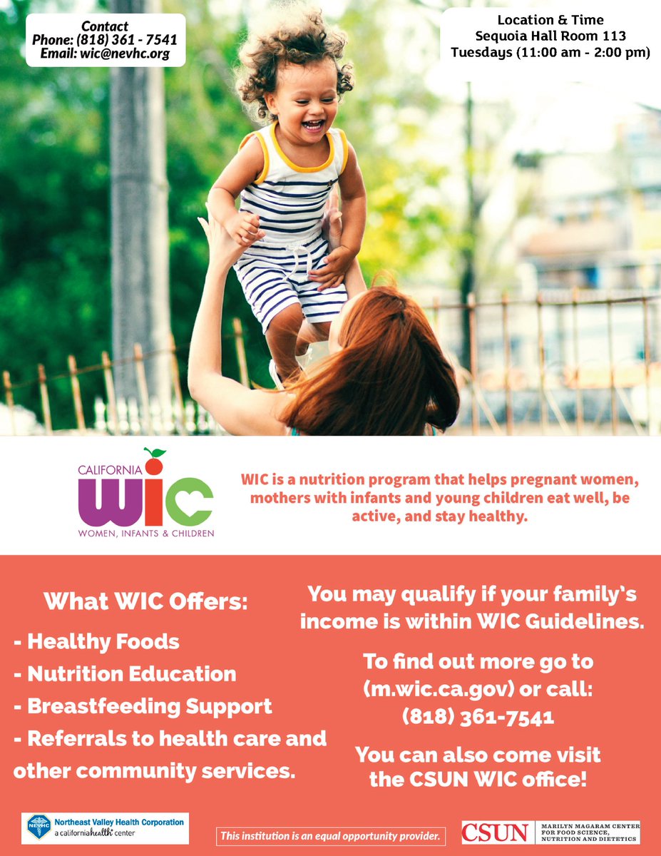 AnthroCSUN's tweet photo. CSUN has recently re-opened its on-campus WIC location! This location serves CSUN students, faculty members, and surrounding community members. The WIC office is open every Tuesday from 11 AM - 2 PM in Sequoia Hall, Room 113. #CSUN #CaliforniaWIC #WIC https://t.co/OhTVbR0swx