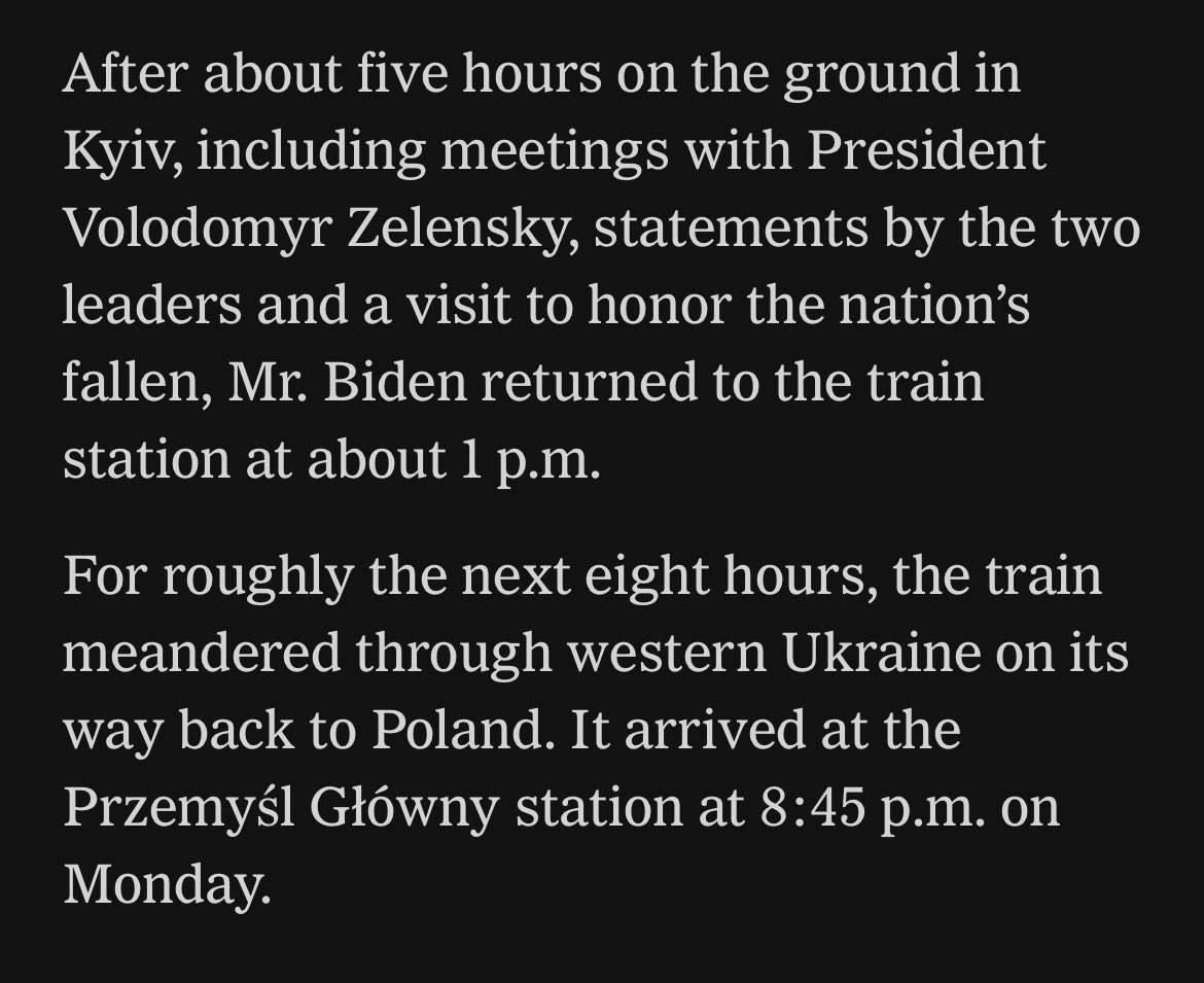Clayton Guse (@claytonguse) on Twitter photo The train Biden took out of war-torn Ukraine traveled approximately 365 miles over roughly 8 hours. Or 45 mph. 
That’s the same, very slow average speed trains run along many of Amtrak’s long distance routes. 
It is worth noting here that the U.S. is not under siege. The train Biden took out of war-torn Ukraine traveled approximately 365 miles over roughly 8 hours. Or 45 mph. 
That’s the same, very slow average speed trains run along many of Amtrak’s long distance routes. 
It is worth noting here that the U.S. is not under siege.