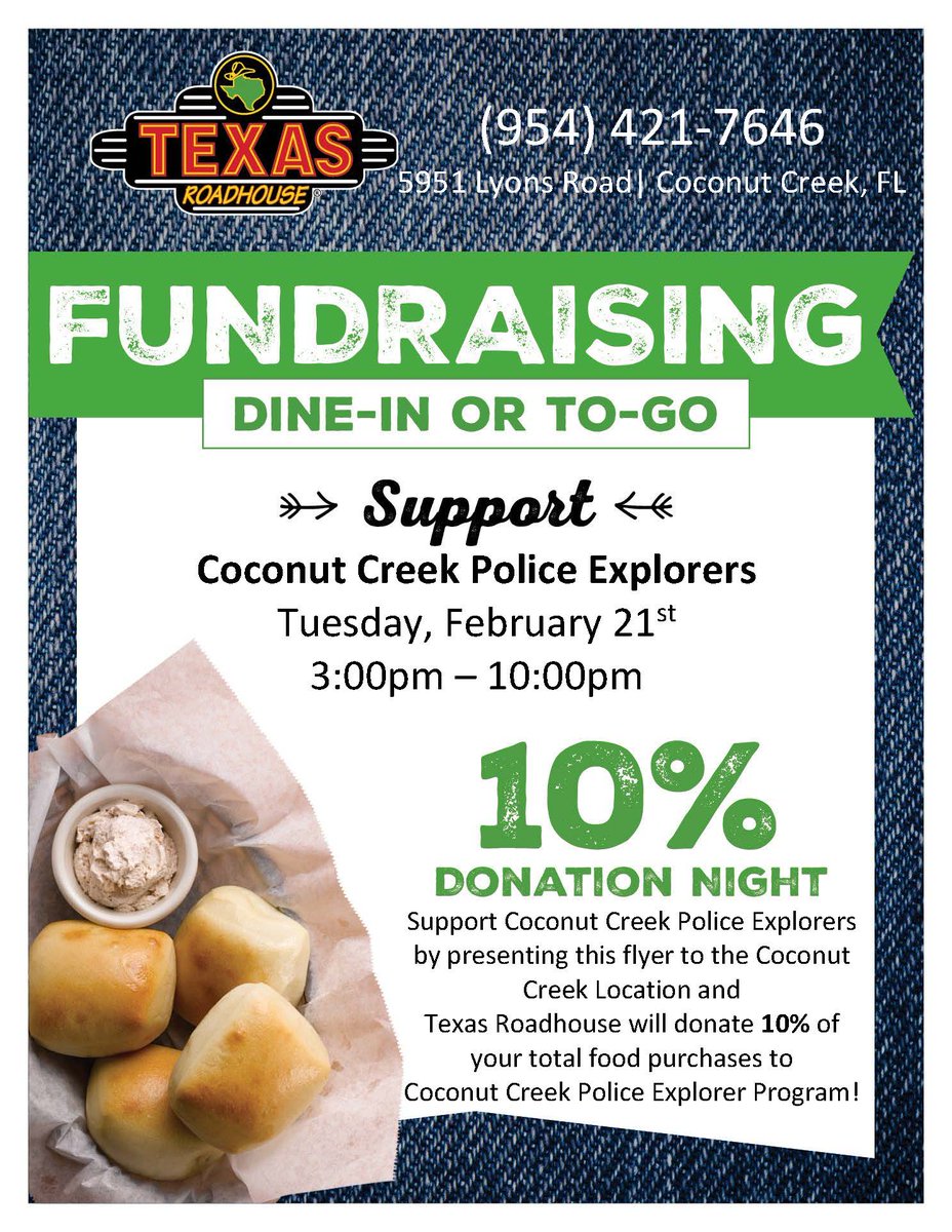 CoconutCreekPD's tweet photo. Don't worry about dinner tomorrow night! We got ya covered. Our #friend @texasroadhouse's #MyCoconutCreek location on Lyons is having a #fundraiser for our #AwardWinnning #PoliceExplorer. See details below: #WorkingTogether #MakingaDifference https://t.co/bJzSYdpc5E