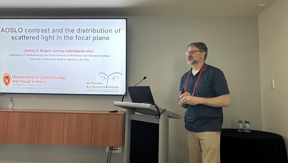 Dr Jeremy Rogers from <a href="/UWMadison_Eyes/">UW Ophthalmology</a> presenting his work on understanding the source of contrast in AO retinal images <a href="/iserworld/">ISER</a> #iser2023 GREAT work!!!