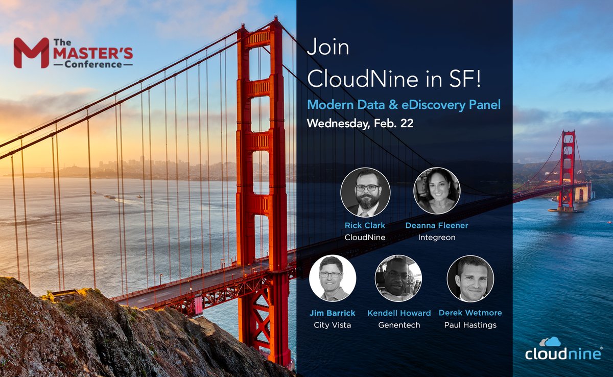 Cloud9Discovery's tweet photo. See you in SF this week! Learn how to tackle #eDiscovery modern data (Slack, etc.) efficiently at @MastersConf 1-day event on 2/22. Passes available. 💫 https://t.co/JKK8VNhtH7