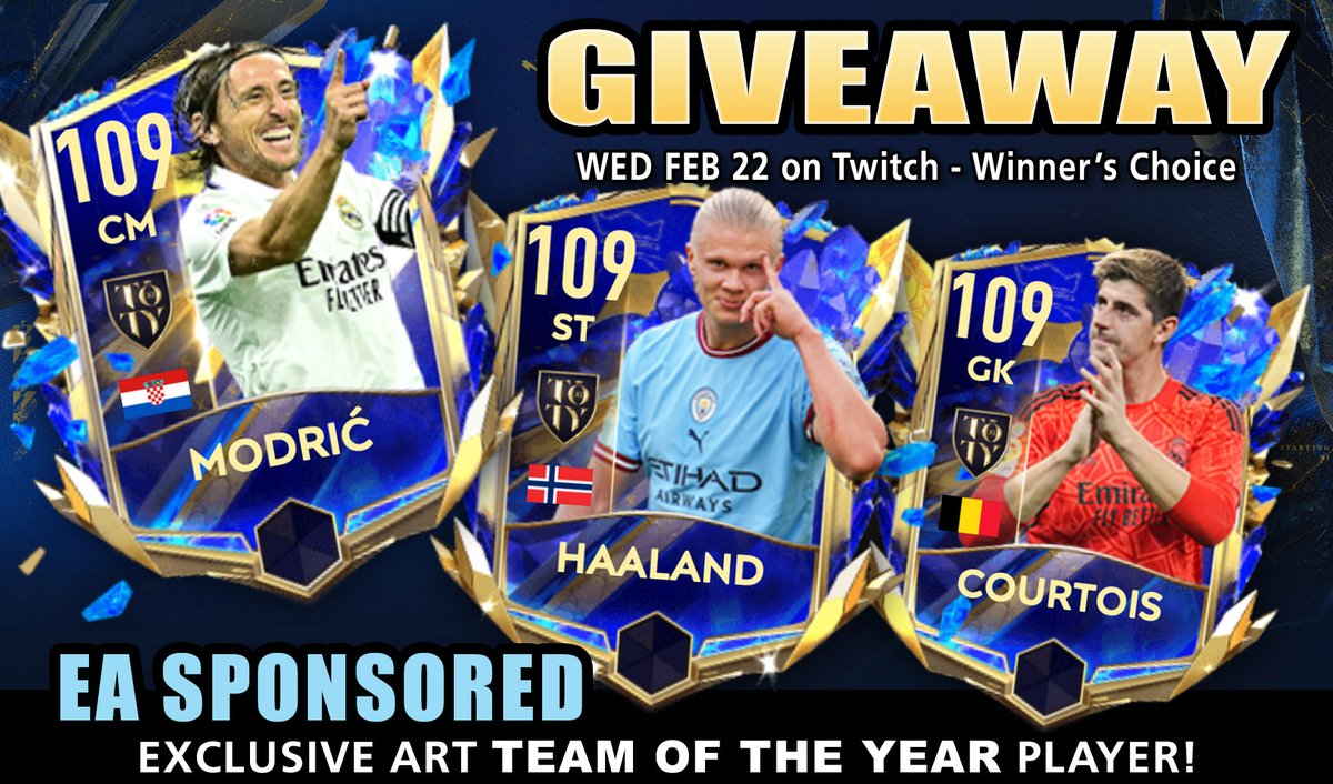 FinallyHeSleeps's tweet photo. TOTY GIVEAWAY!
Live on Twitch right after the UTOTY DEV STREAM on Wed Feb 22

Beat the wheel and win your choice of exclusive art Haaland, Courtois or Modric

- Like, RT this tweet
- follow me and @EAFIFAMOBILE (thank you EA!)
- watch https://t.co/A7ss7jDaCt https://t.co/mEra7cnKKx
