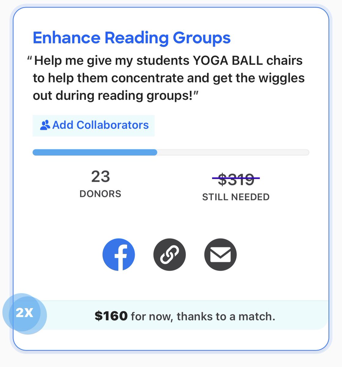 MrMarvelTeacher's tweet photo. @Kamalei_N_Leiai @meiser_l @amazon @DonorsChoose Thank you! I would love to clear the list of yoga ball chairs for my students. DOUBLE FUNDING! For a short time, there is a donor match! These chairs will make a world of difference! #clearthelist

https://t.co/mv8bsPLyoI https://t.co/irlxo3Ppza