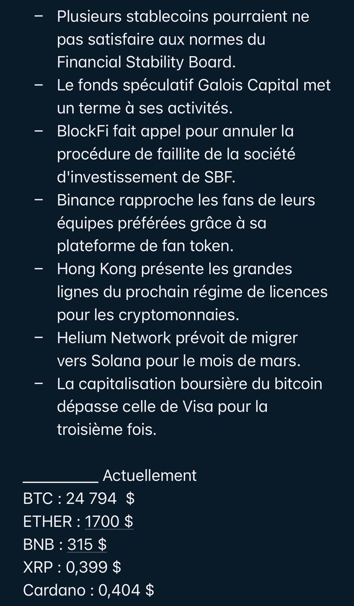 Mady3Dia's tweet photo. #XibaarCrypto de la journée 20 février 2023.
#News #cryptocurrencies #InfosCryptos #NewsCryptos #BlockFi #Binance #Helium #SBF_FTX #FanToken #Visa #Solana #BTC #ETH #BNB #XRP #CardanoADA https://t.co/xSEK29unWx