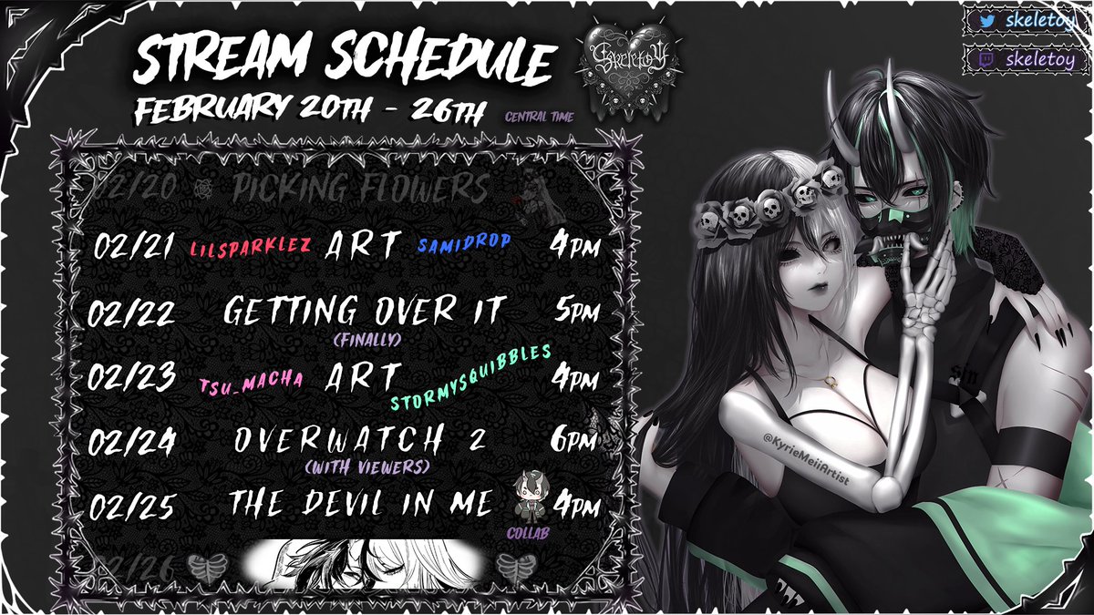 HereLiesElla's tweet photo. Times are subjected to change, but super excited for the week! owo

Back with dono drawings, community OW2, and new spoopy game!!

❥𝓣𝓌𝒾𝓉𝒸𝒽: https://t.co/s0gFKqBqki
❥𝓓𝒾𝓈𝒸𝑜𝓇𝒹: https://t.co/dHzOPEGX4L
❥𝓣𝒽𝓇𝑜𝓃𝑒: https://t.co/8zHJk6uQIQ

#skedule #skelelive ┊💀💍 https://t.co/eFKQI7lsg0