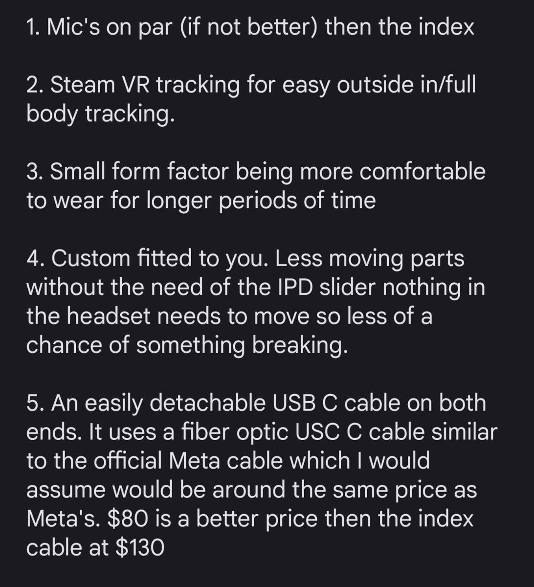 ESFW2009's tweet photo. @LuciferMStarVRC After seeing why the headset was priced so high, it actually did get me interested. I do want to list out a few pros to it (as provided in the screenshot) but needless to say with the work they put into it. This looks to be a pretty solid headset! https://t.co/keDJACnnm9