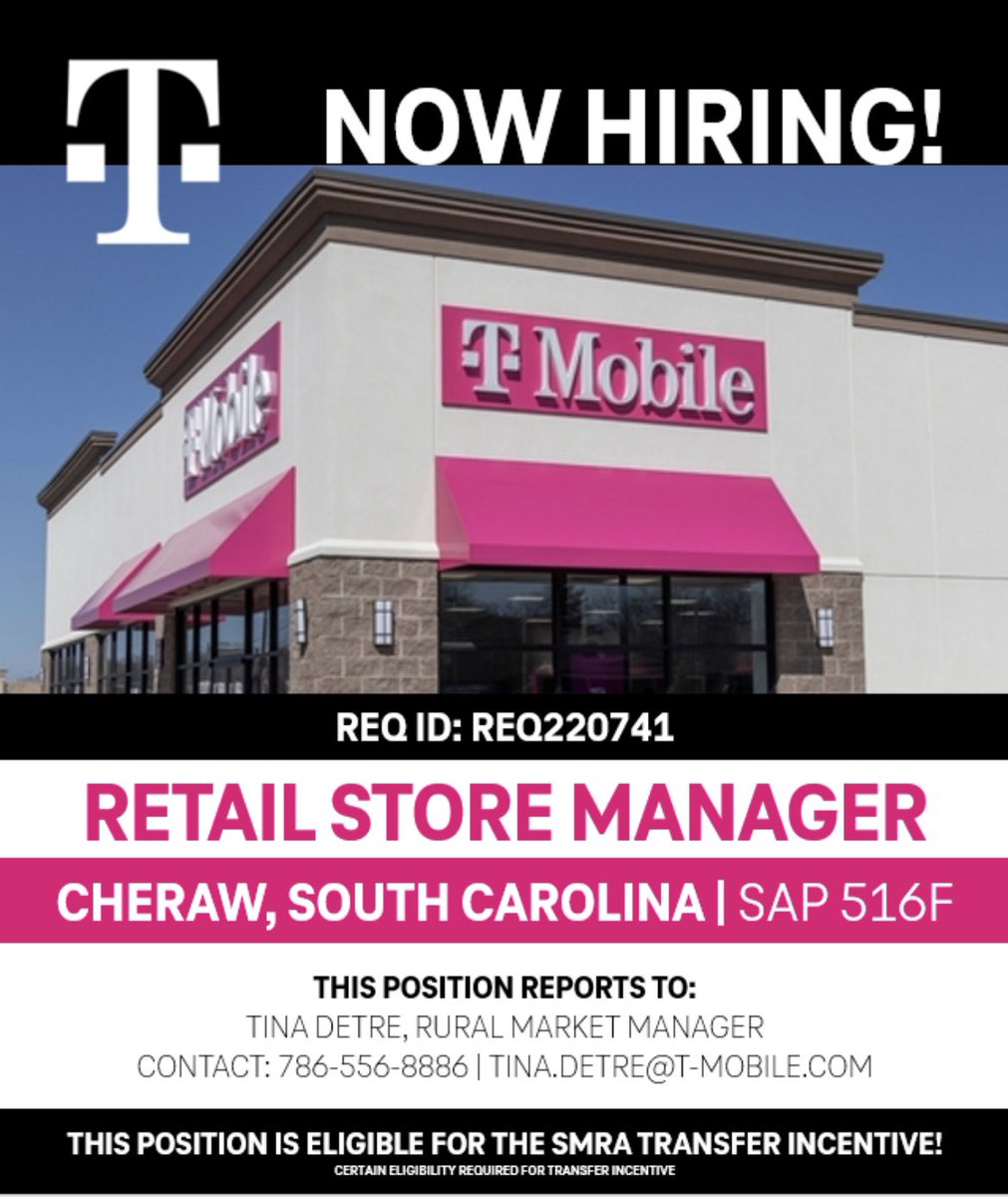 The Rockingham Mambas is looking for a NEW Retail Store Manager to run our BEAUTIFUL Cheraw, SC location!!!! What better time to relocate to the Carolinas and join one of the BEST leadership teams in T-Mobile Land!!!! LET'S GO!!!! 🎉#MAMBANATION #KAPOWEEENATION