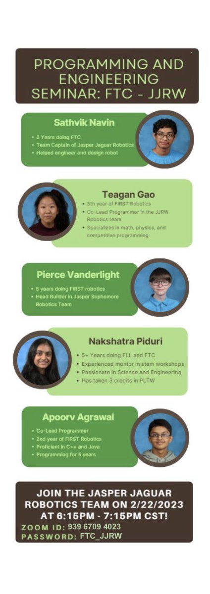 pwshrobotics's tweet image. Join the Jasper Jaguars Robotics White Engineering and Programming Seminar Feb 22, 2023 at 6:15 PM.
