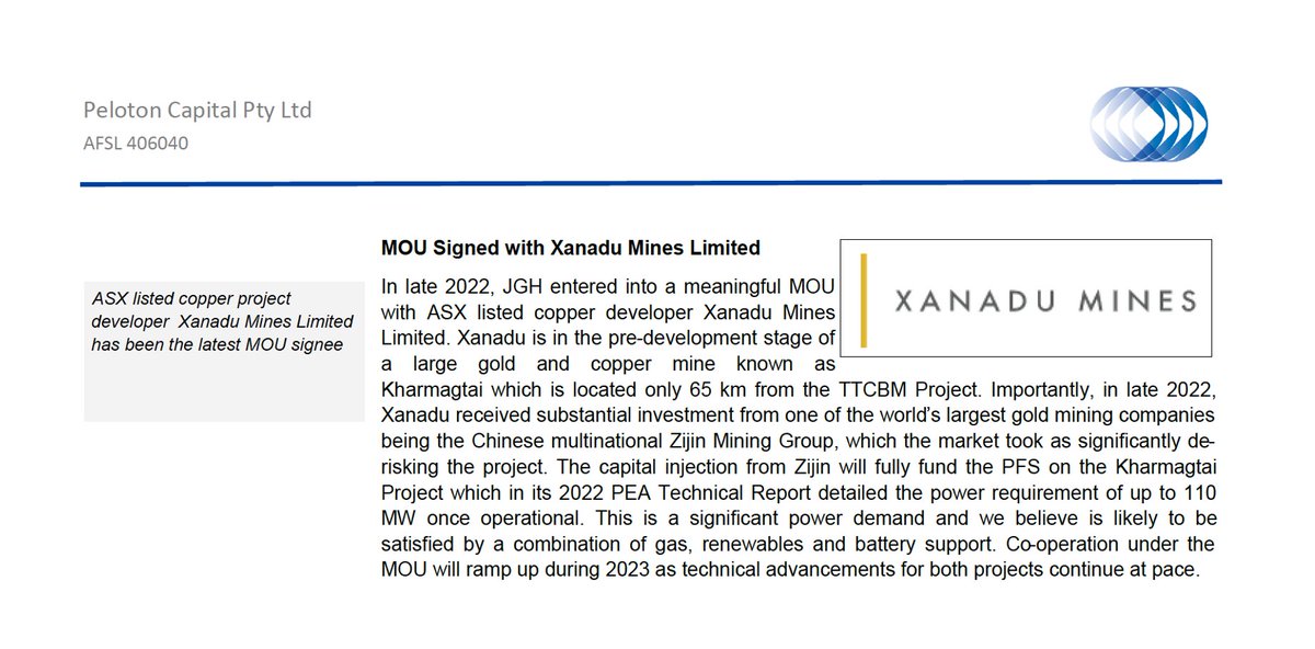 $JGH Shows Demand Optionality with Xanadu Mines MOU
 
&gt; 120MW power demand for Zijin Mining backed Xanadu copper-gold project shows further customer demand
&gt; Xanadu is also determined to source domestic gas for a cleaner operation and to support Mongolia’s clean energy transition