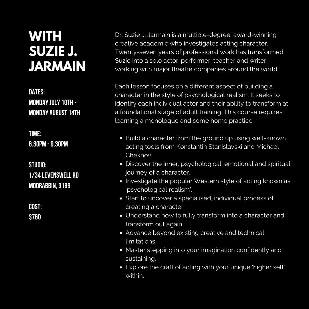 APStudioAus's tweet image. Journey into and out of Character with Suzie J. Jarmain
Acting Performance Studio’s mentorship program is designed for the advanced actor to connect with established industry professionals, fine tune their acting skills and set them up for a professional and successful career.