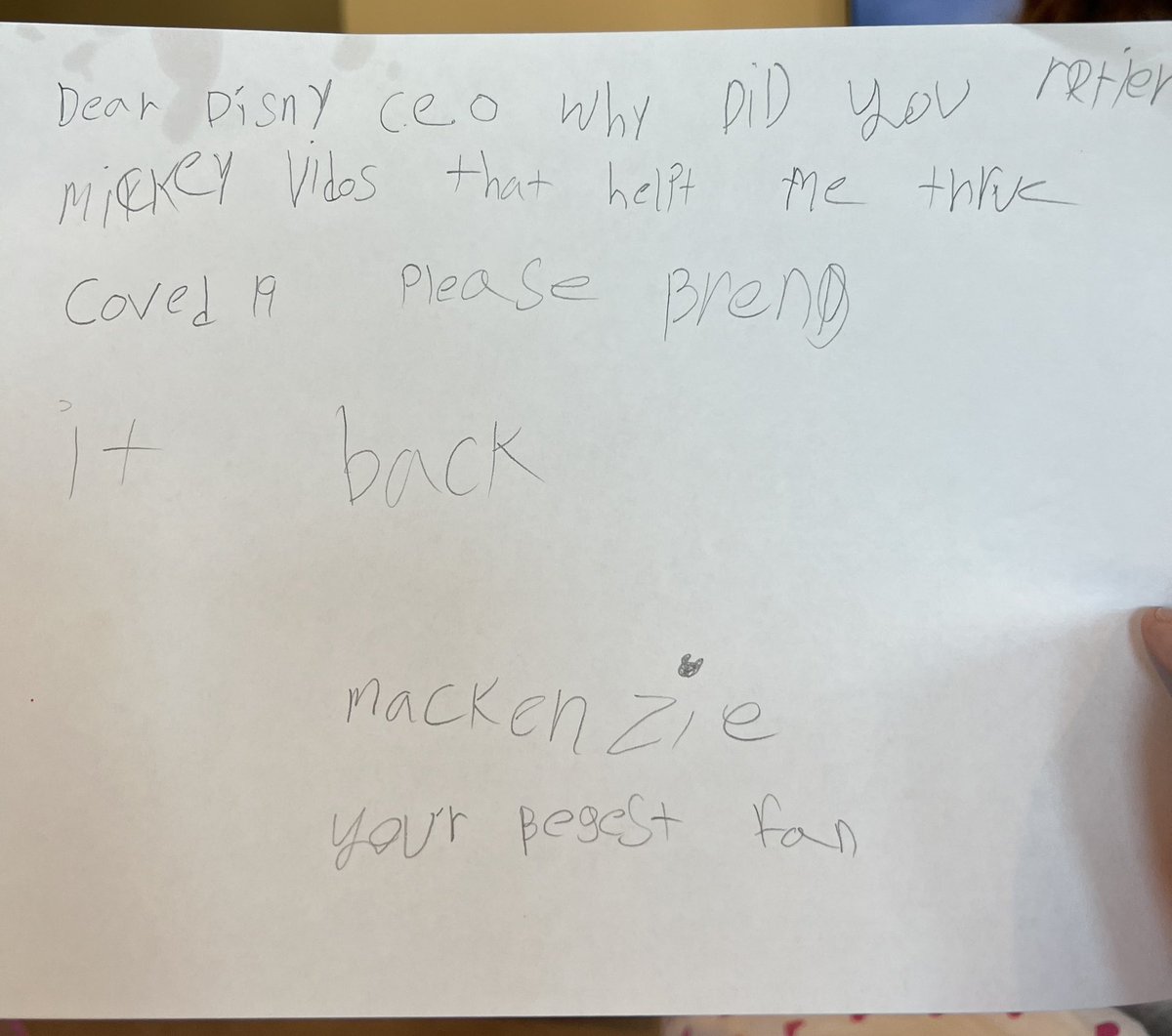 GeoffZahler's tweet photo. Hey @Disney We know you’re a bit busy but can you take a look at this letter from my 8 year old. She’s crushed the Mickey Video App is gone. It got her through the lowest of lows during COVID. Not sure how she knew to ask the CEO directly, but love it. So, @RobertIger, any help? https://t.co/uzBrWlmGVM