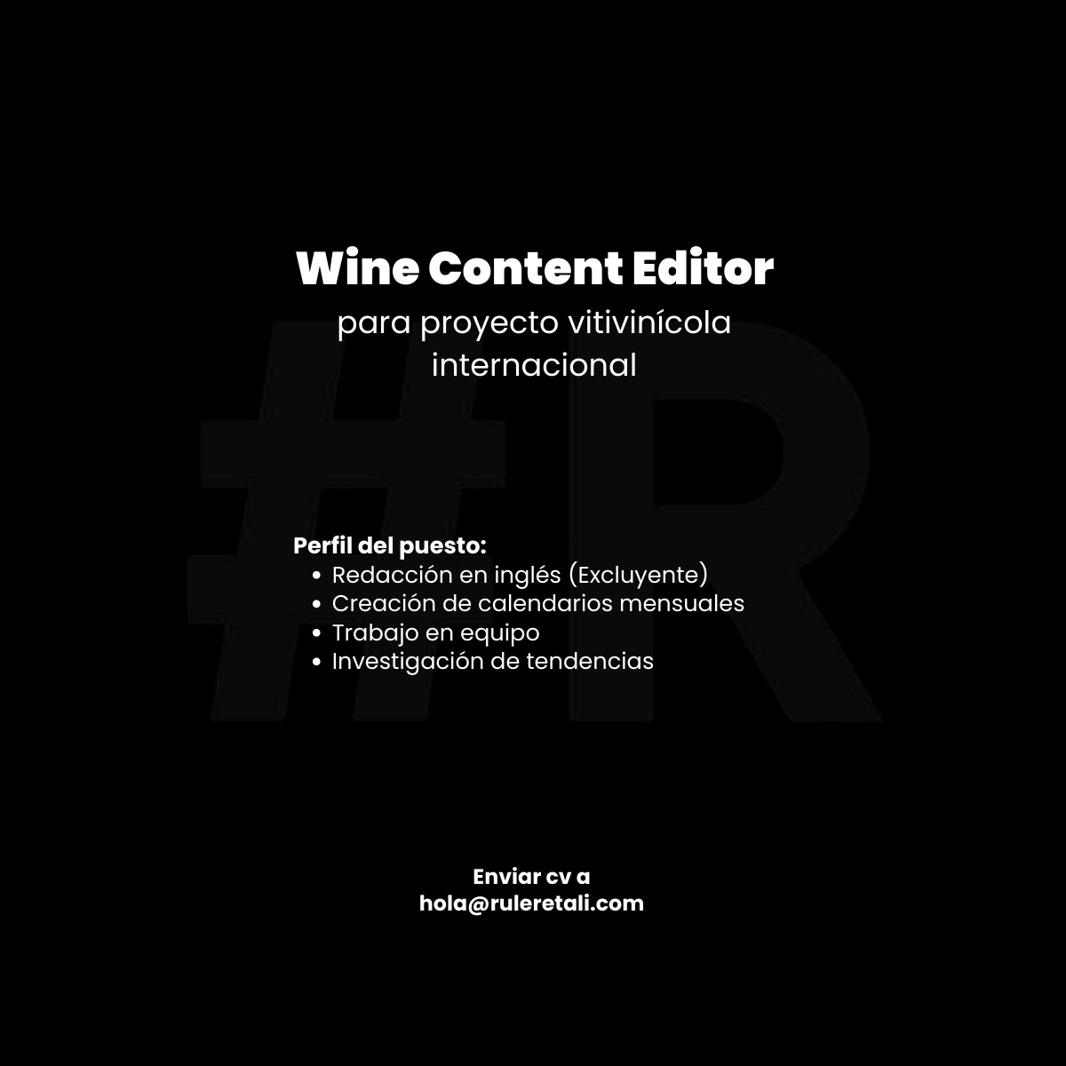soypatopato's tweet photo. Sumamos:
Wine Content Editor para proyecto vitivinícola internacional
Perfil del puesto:
-Redacción en inglés (Excluyente)
-Creación de calendarios mensuales
-Trabajo en equipo
-Investigación de tendencias

Enviar cv a hola@ruleretali.com https://t.co/TUzrtGmdme