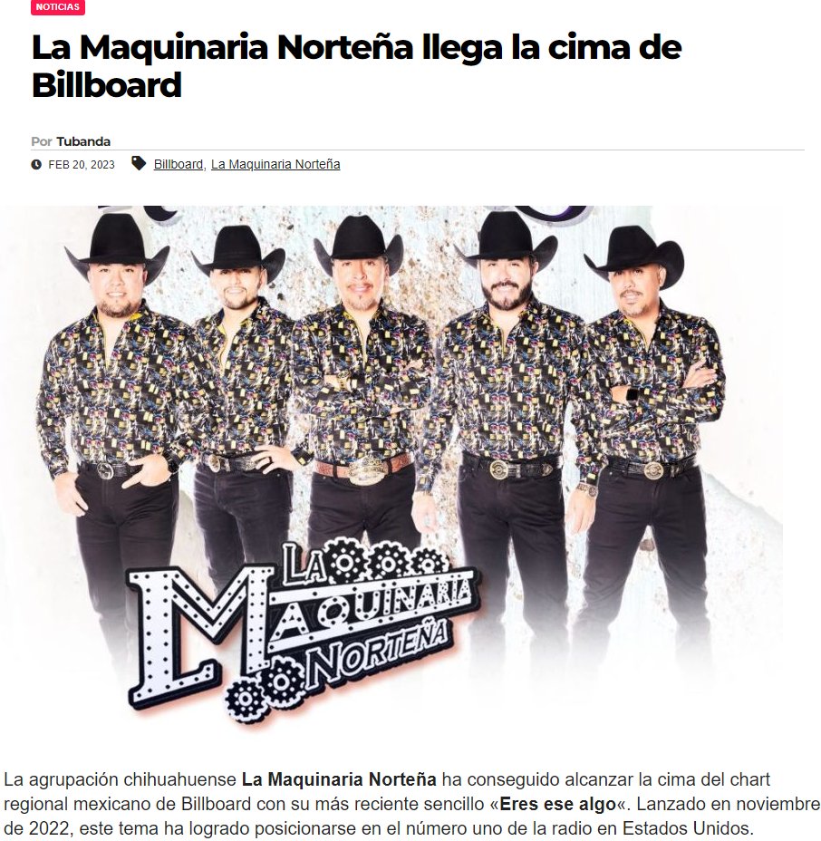 La Maquinaria Norteña ha conseguido alcanzar la cima del chart regional mexicano de Billboard con su más reciente sencillo "Eres ese algo", más detalles en tubanda.com.mx/2023/02/20/la-… <a href="/la_maquinaria/">La Maquinaria Norteña</a> <a href="/aliceecooper27/">BatiAli</a>