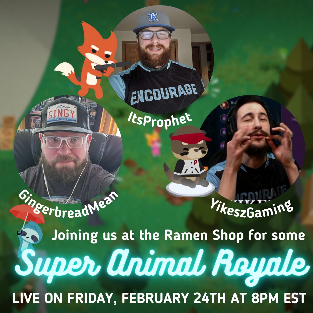 nerdynood's tweet image. Here is a schedule THREAD for this this week! Cuz we've got a jammed packed WEEK!
🍜T - @itskelsbells &amp;amp; @garbagioplays visit the ramen shop for some Apex Dubs! 
🍜 F -  The ECG  gang is back for some Super Animal Royale with @GingrbrdmeanPS4, @_itsProphet &amp;amp; @YikesZGaming