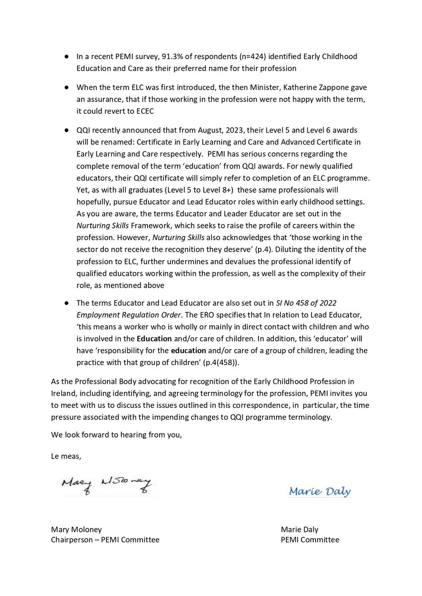 Letter sent by PEMI today to <a href="/rodericogorman/">Roderic O’Gorman TD</a>  requesting a meeting to discuss reinstating #ECEC as the official name of the profession in Ireland. @dcediy #ECECnotELC #earlychildhoodeducation