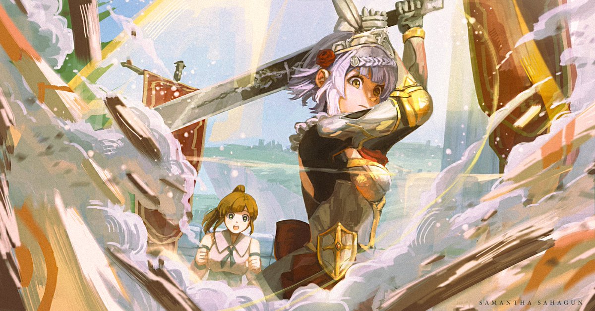 noelle (genshin impact) multiple girls 2girls weapon armor sword flower holding weapon  illustration images
