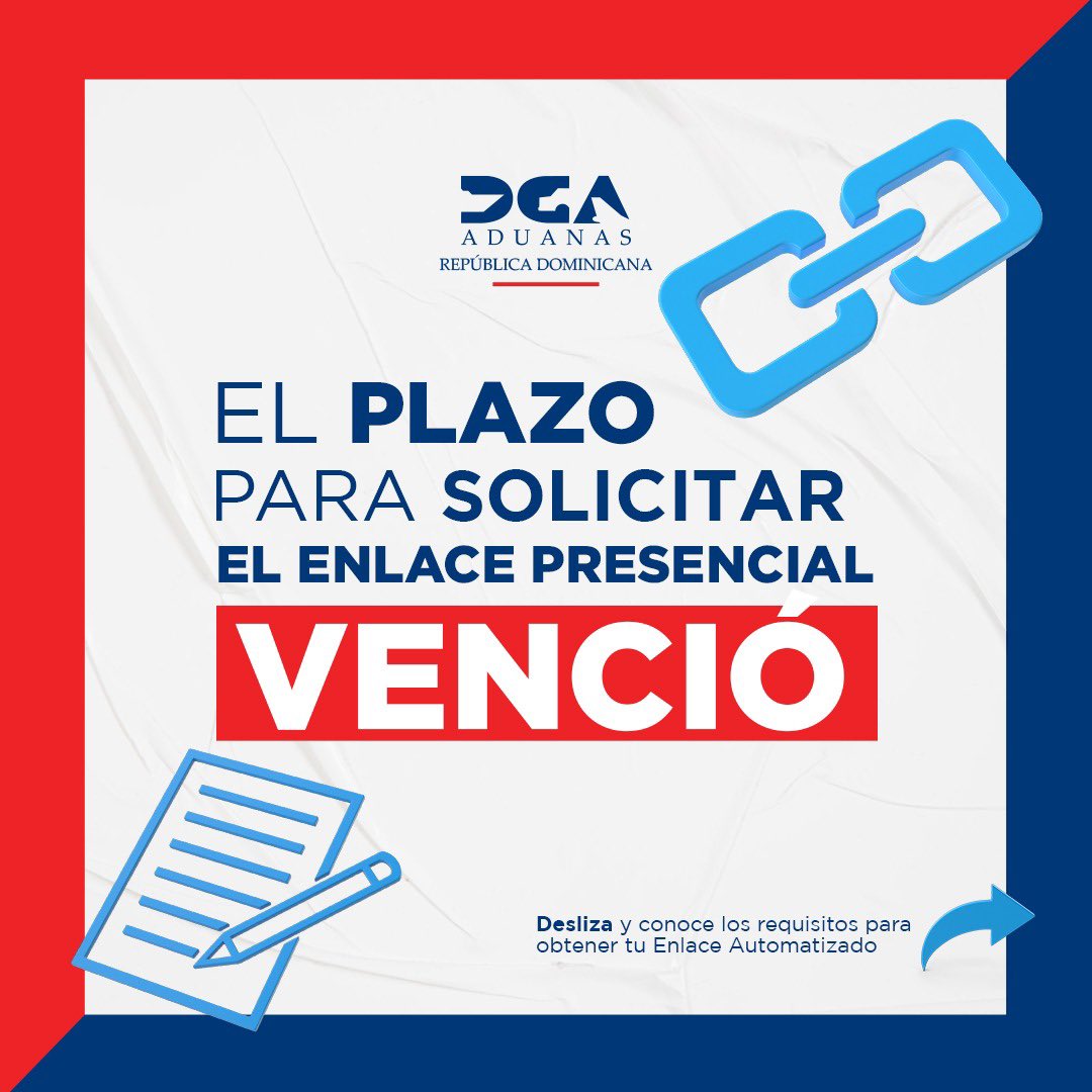 aduanard's tweet photo. ¡Atención operador aduanal! 

❌Ya venció el plazo para tramitar tu solicitud de enlace presencial. Los requerimientos para procesar tu enlace, se realizarán únicamente de manera online. 💻

#AduanasRD
#ServiciosDGA https://t.co/sGXWT7XBbp