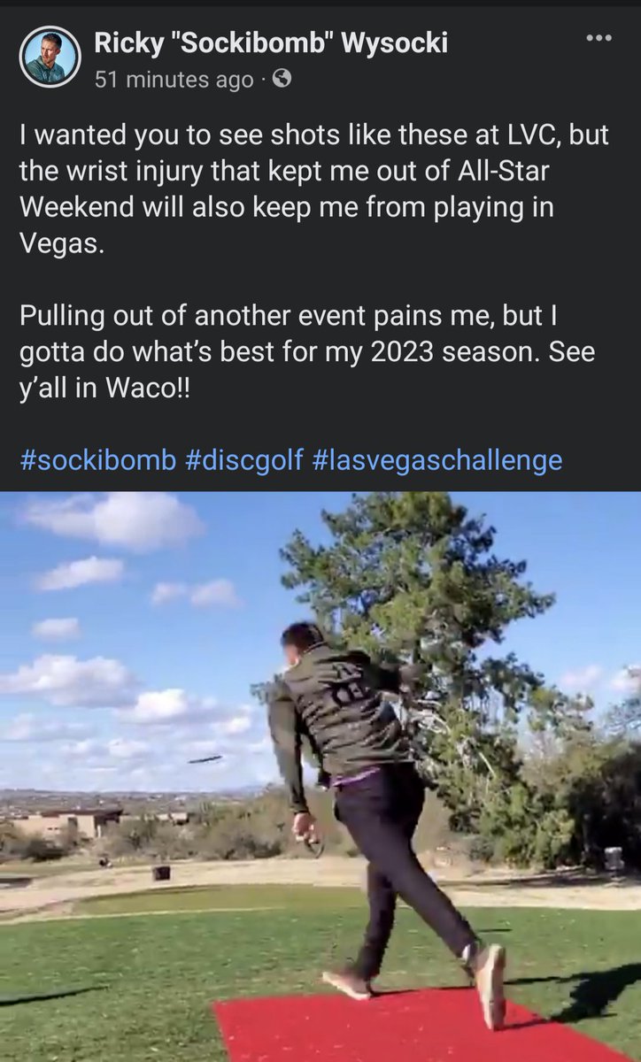 thediscgolfguy's tweet photo. The SockiBombers out there are gonna have to wait at least another week to see @sockibomb13 kick off the 2023 @DiscGolfProTour Elite Series season...

#HealUp
#BreakingNews
#DiscGolfMedia
#DiscLife
@DynamicDiscs https://t.co/7rQSW6o9LZ