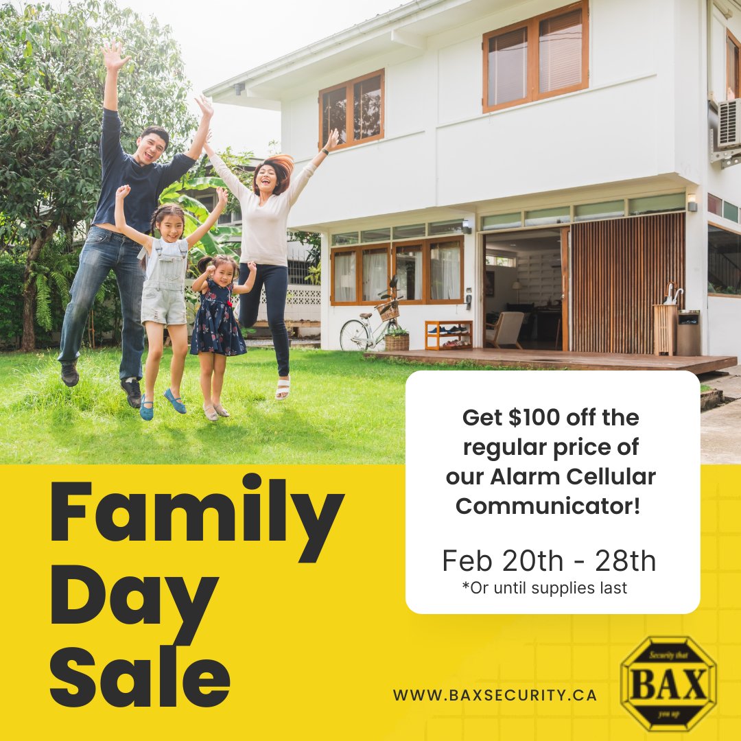 baxsecurity's tweet photo. #HappyFamilyDay! ❤️ Keep your family safe and secure this year by upgrading your home security with #BAXsecurity. 

Starting today, SAVE $100 off our Alarm Cellular Communicator and receive multi-provider connectivity that allows you to stay connected 
https://t.co/yJJrixaYFe https://t.co/kbyDwumSEy