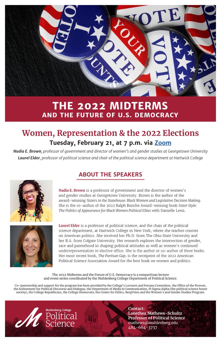 Muhlenberg's tweet photo. TOMORROW NIGHT!
✔️ The first election series program of the spring 2023 semester will be held Tuesday, Feb 21 @ 7:00 p.m.
✔️ Dr. Nadia Brown &amp; Dr. Laurel Elder will discuss Women, Representation &amp; the 2022 Elections on a zoom webinar.
✔️ This event is free and open to anyone! https://t.co/HDChOiEiTW