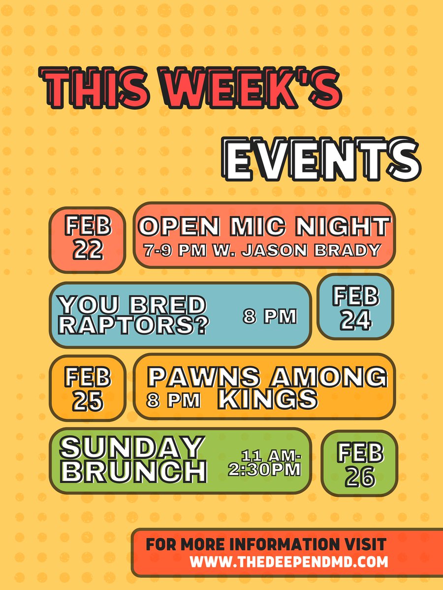 Look at that schedule !! 
You do not want to miss this weekend's line-up and you definitely don't want to miss our delicious menu and craft cocktails. 

thedeependmd.com

 #weekend #menu #crafts #cocktails #craftcocktail