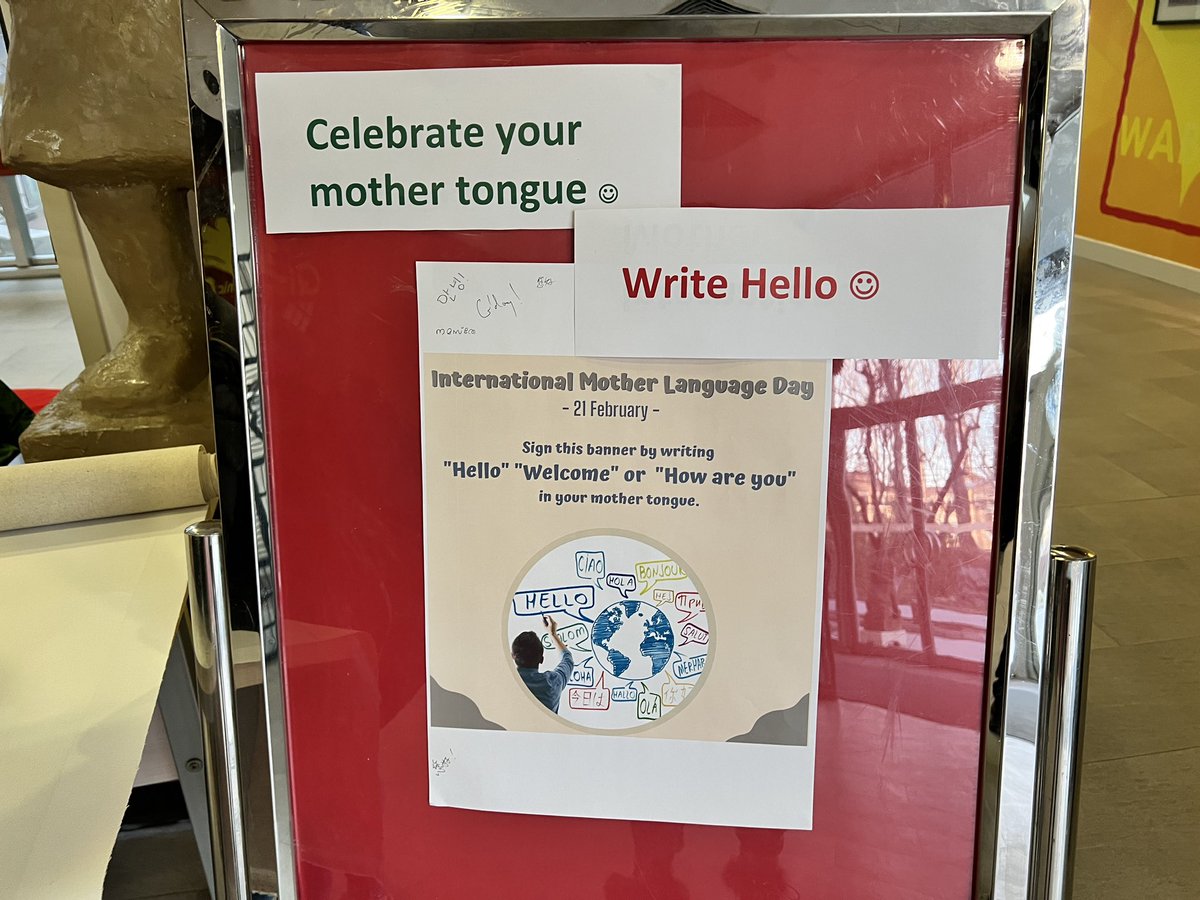 klbeasley's tweet photo. It was lovely to walk into the HS &amp; be greeted by @HelenushkaEAL &amp; @ludivinelegal inviting us to celebrate International Mother Language day by writing a greeting for everyone. Incredible to see the diversity in our community @WAB_LIVE #WeAllBelong https://t.co/yuwM1RteHm