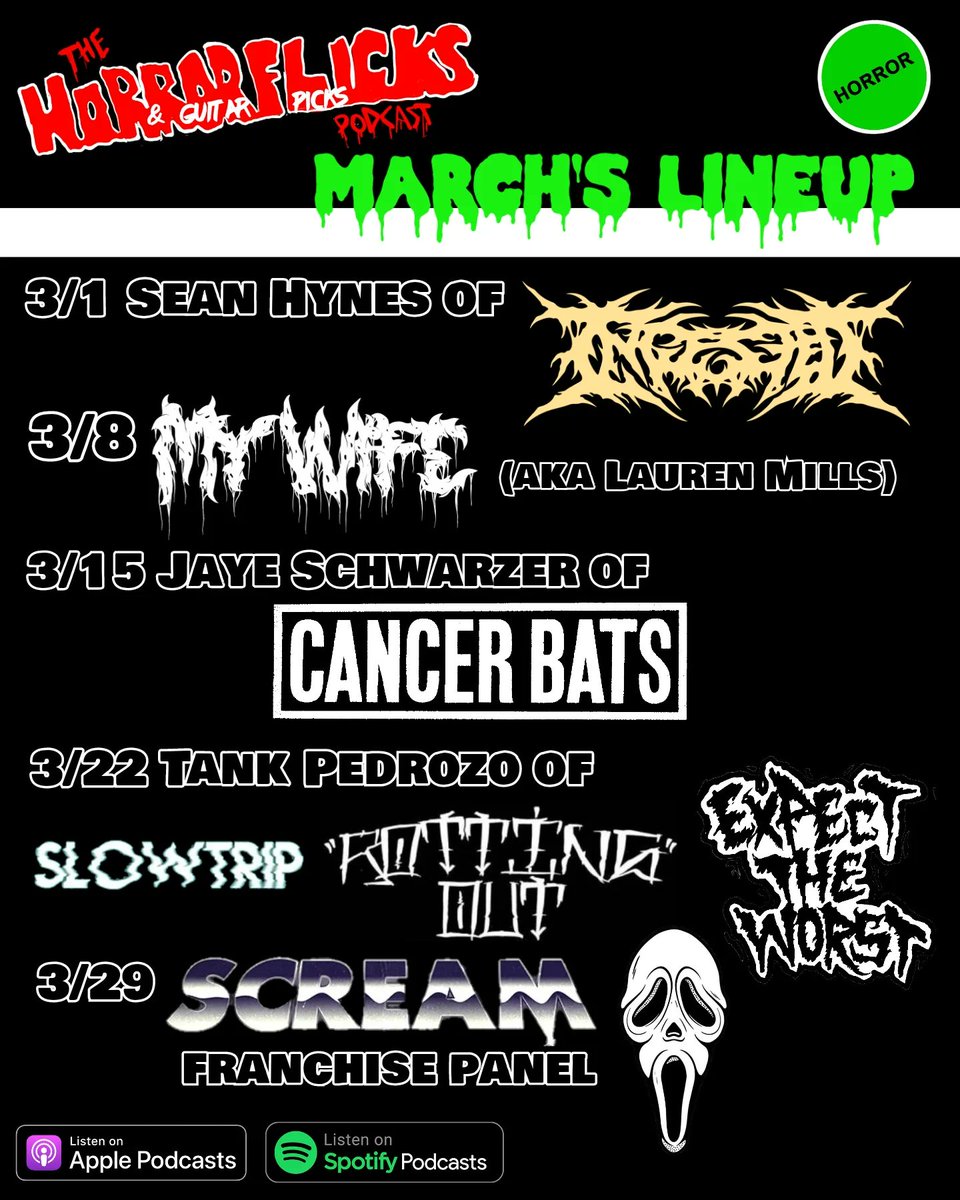 horror_guitar's tweet photo. Coming up next month on Podcast! Three of my favorite past guests return to the show, my Wife joins me for a special Birthday episode, and my monthly Co-Hosts and I dive into the Scream Franchise!
#ingested #cancerbats #rottingout #horrormovies #HorrorCommunity #Scream https://t.co/aXrihfuiN3