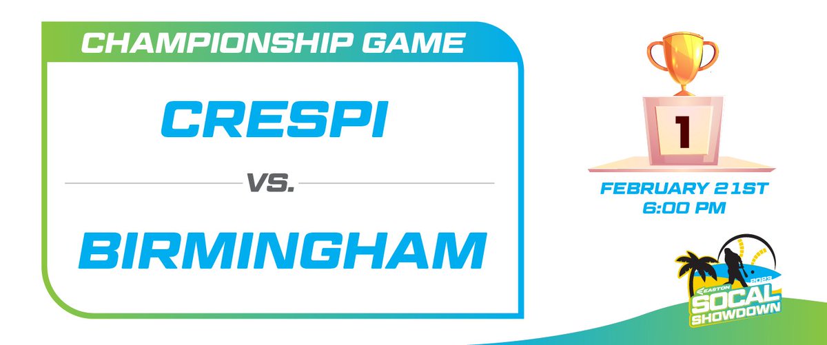 GAME DAY 🏆

Who will be the 2023 #Eastonsocalshowdown Champion!

Crespi vs Birmingham 

<a href="/Tarek_Fattal/">Tarek Fattal</a> <a href="/pollonpreps/">Jack Pollon</a> <a href="/CrespiAthletics/">Crespi Athletics</a> <a href="/BHAMBASEBALL14/">BHAM BASEBALL</a>