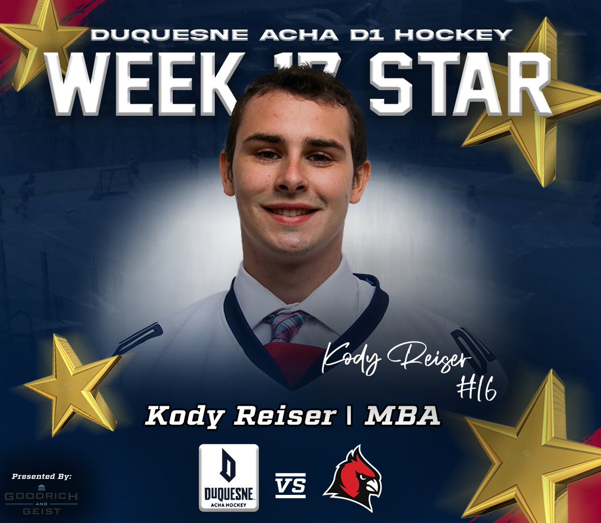 DuqHockey's tweet photo. ⭐️ Star of the Weekend ⭐️
Congrats to our senior Kody Reiser for scoring an epic shootout winner on Saturday night! And we can’t forget about Hayden Feck for putting up two points and Kyle Plantz for making 62 saves!
#rolldukes #collegehockey #acha #chma #pittsburghhockey https://t.co/jEYeoph5eT