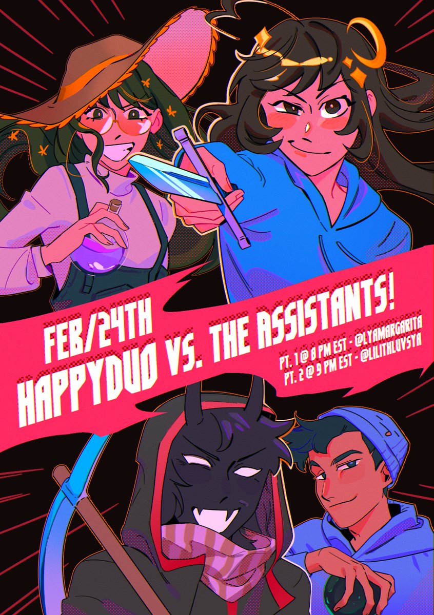 LilithLuvsYa's tweet photo. Have you been looking for more HappyDuo content since the meetup? Well, you're in luck! Tune in on Friday for a battle between HappyDuo and their assistants! 

- 1st stream will take place @ 8 PM EST on @lyamargaritaa 's twitch

- 2nd stream will take place @ 9 PM EST on mine! https://t.co/PWHgJd0gdK