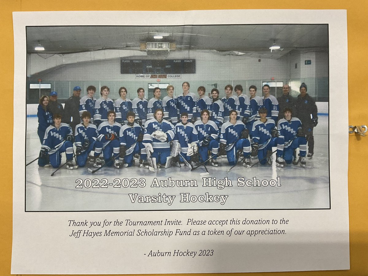 🏒 Special thanks to Auburn HS, Coach Bombard, and his staff for the generous contribution to the Hayes Memorial Scholarship Fund. Greatly appreciated!