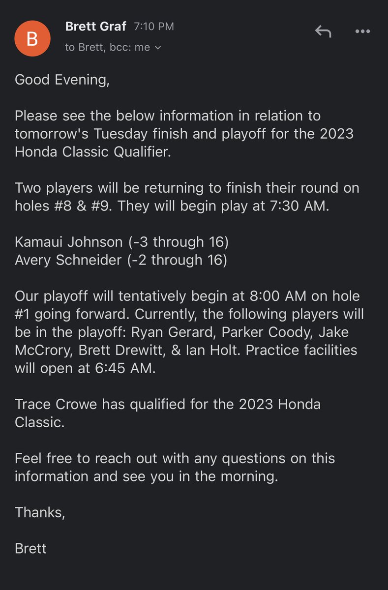 Monday Q Info (@acaseofthegolf1) on Twitter photo An update on the Honda Monday Q from the <a href="/southfloridapga/">South Florida PGA</a> Trace Crowe is in. Playoff will take place in the morning. An update on the Honda Monday Q from the <a href="/southfloridapga/">South Florida PGA</a> Trace Crowe is in. Playoff will take place in the morning.