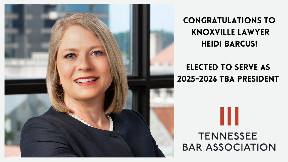 Tennessee Bar (@tennesseebar) on Twitter photo Congratulations to Heidi Barcus, a lawyer in the Knoxville office of <a href="/LewisThomasonTN/">Lewis Thomason</a>, who has been elected to serve as 2025-2026 TBA president. She will take office as VP this June at the TBA Convention. Learn more about Barcus @ lewisthomason.com/attorney/barcu… Congratulations to Heidi Barcus, a lawyer in the Knoxville office of <a href="/LewisThomasonTN/">Lewis Thomason</a>, who has been elected to serve as 2025-2026 TBA president. She will take office as VP this June at the TBA Convention. Learn more about Barcus @ lewisthomason.com/attorney/barcu…