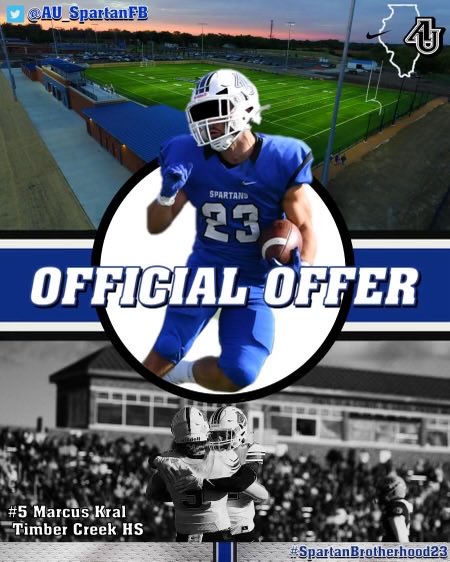 MarcusKral_'s tweet photo. Very blessed and grateful to receive an official offer from Coach ⁦@DonBeebeNFL⁩ to play football at Aurora ⁦@AU_SpartanFB⁩ ! Appreciate it! ⁦@AUCoachZim⁩ ⁦@TGurley81⁩ ⁦@CoachCBuckridge⁩ ⁦@TCHSFB⁩ ⁦@TopPreps⁩⁩ ⁦@ncsa⁩ ⁦ https://t.co/kbHBvfSZ0V