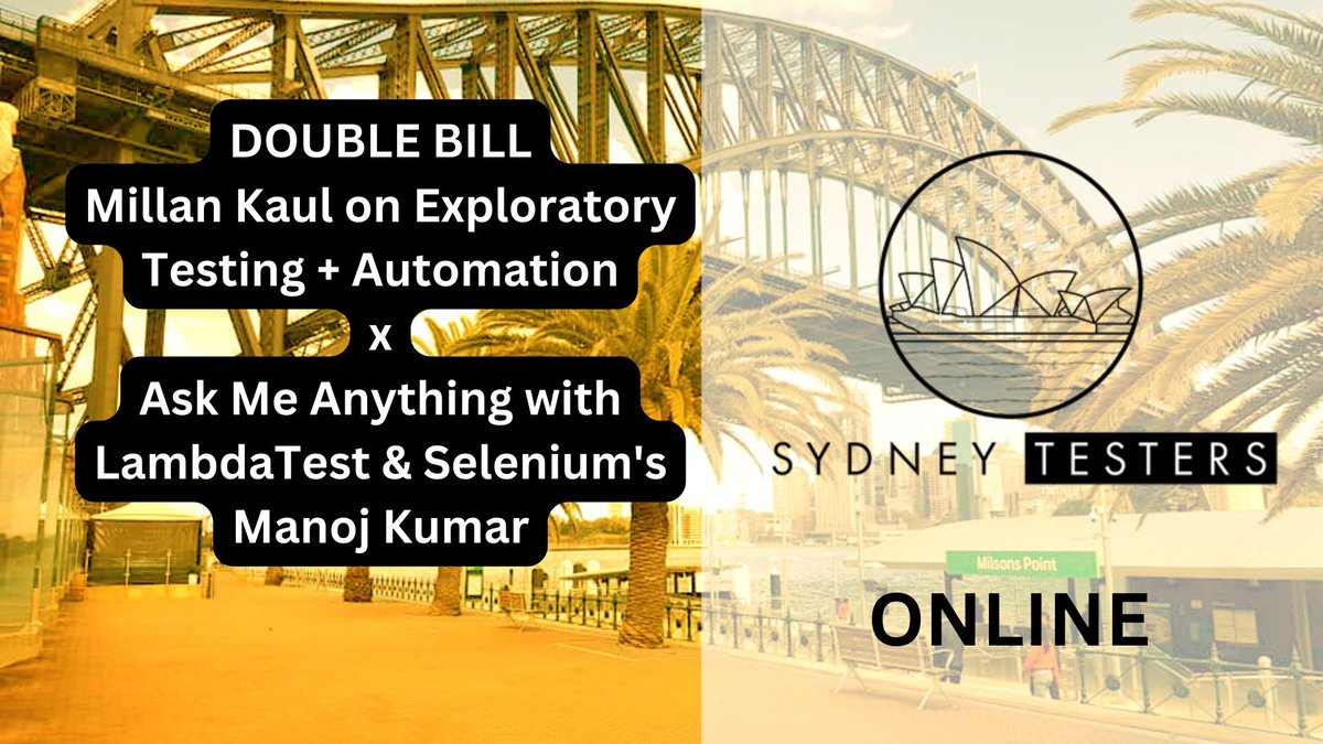 SydneyTesters's tweet image. Our Next Meetup on 1st March 06:30 UTC, online & free to all, is a double bill with @.MillanKaul on complementing #exploratorytesting with #automation , and an AMA with @lamdatesting & @SeleniumHQ's @manoj9788 on #testing, #QA, #automation & open source!
linkedin.com/events/doubleb…