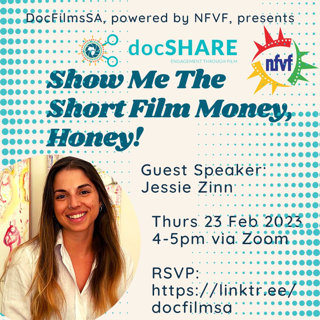 DocFilmmakersSA's tweet photo. Join #DocFilmSA for our docSHARE webinar Show Me The Short Film Money, Honey! + Q&A. Guest Speaker: Jessie Zinn @jessiezinn The session offers a step by step overview from the proposal to the final film.
Thurs 23 Feb 2023 at 4-5pm via Zoom
RSVP: https://t.co/dCq1syPtk3 https://t.co/Oa84JK5Uxg