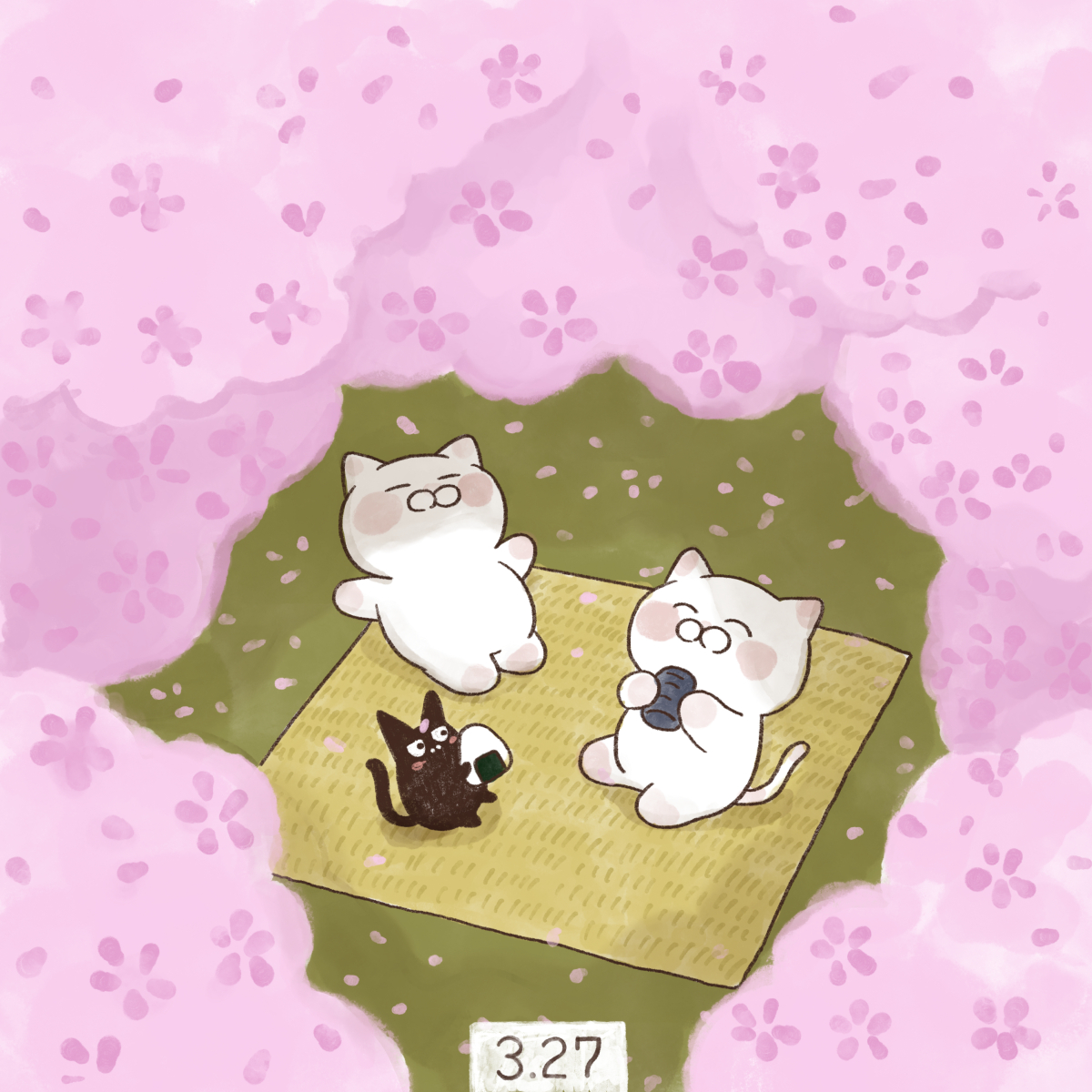 cat no humans cherry blossoms hanami food onigiri glasses  illustration images