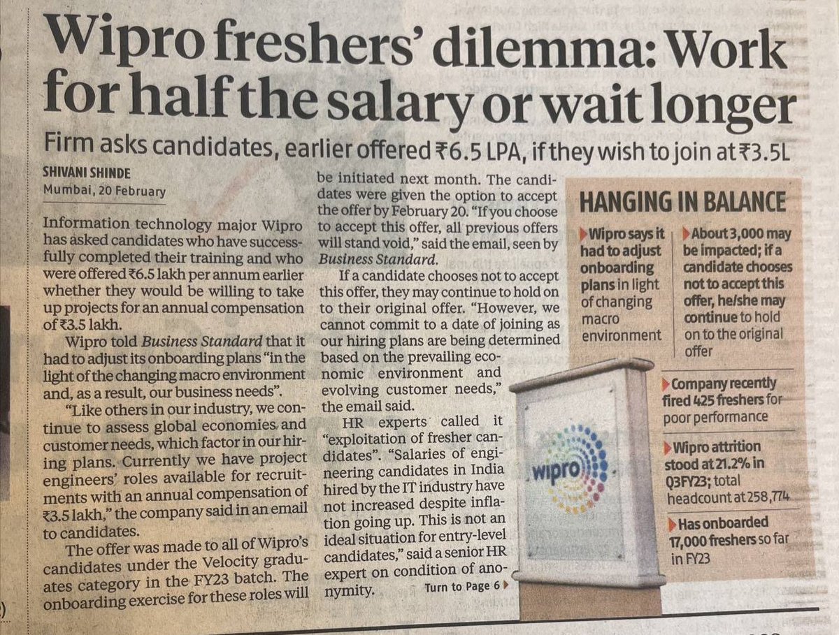 Tech giant Wipro asking freshers who were previously offered Rs 6.5 LPA to join the company at Rs 3.5 lakh per annum.
Going back on its words shows that it can't plan its resources properly. 
How will they hope to attract talent in the future ???
