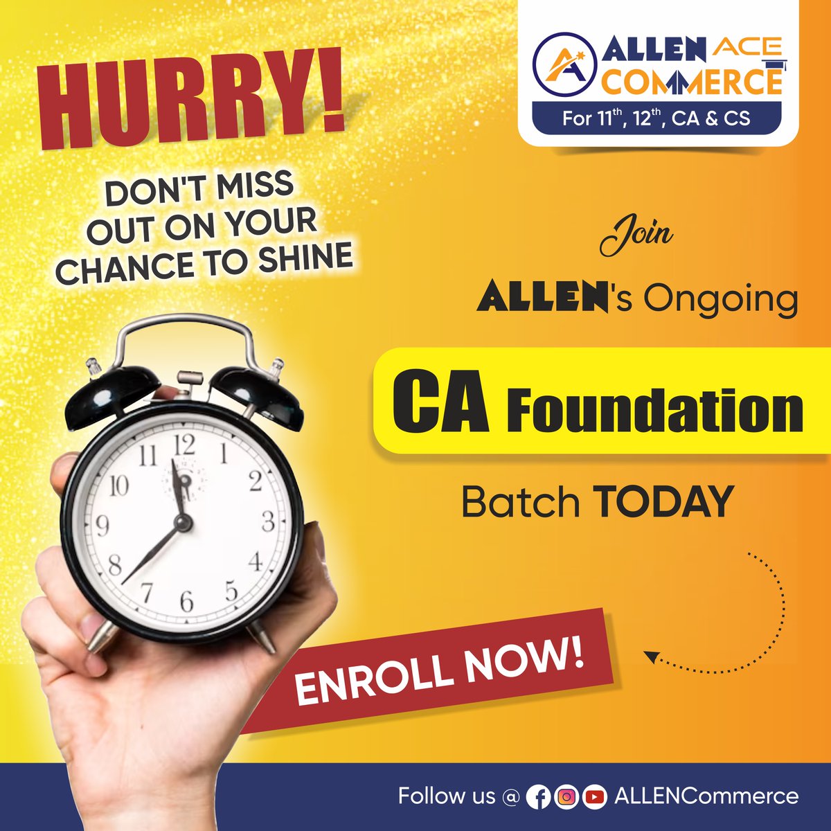 📢 Admissions are open for the #CAFoundation #FastTrackCouse for May 2023 attempt.

☎️ Call: 022-62423600 (Mumbai), 0744-3510222 (Kota), +91-9513392133 (Jaipur)

#ALLENCommerce #ALLENACE #AdmissionOpen #ALLENKota #ALLENMumbai #ALLENJaipur #CommerceCoaching #CA #CrashCourse