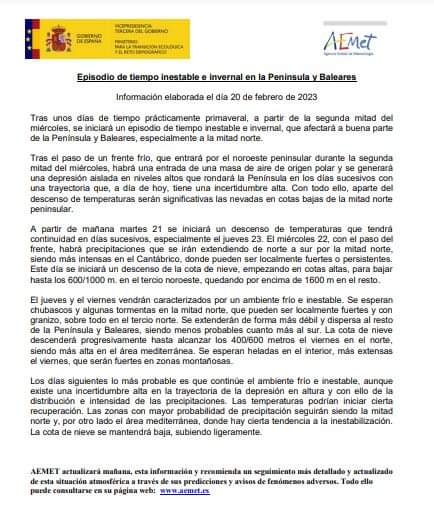 #BonDiaNucía #AEMETinforma
A partir del miércoles
🔴 Episodio de tiempo inestable e invernal, que afectará a buena parte de la Península y Baleares, 
🔴Descenso de temperaturas
🔴Precipitaciones  
🔴Nevadas en cotas bajas de la mitad norte peninsular.
 👇
aemet.es/documentos_d/e…