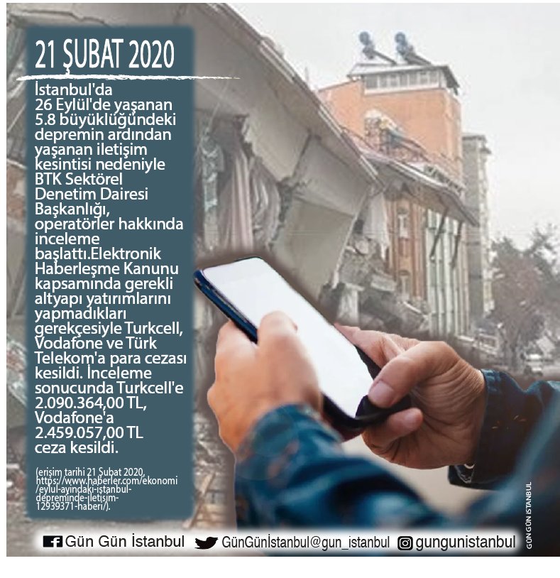 gun_istanbul's tweet photo. #2020 #deprem #haberleşme #iletişim #BTK #Turkcell #Vodafon #TTelekom #ceza #İstanbul #İstanbulunTarihi #GünGünİstanbul @istanbulbld @Haberler https://t.co/1v3y0UNrof