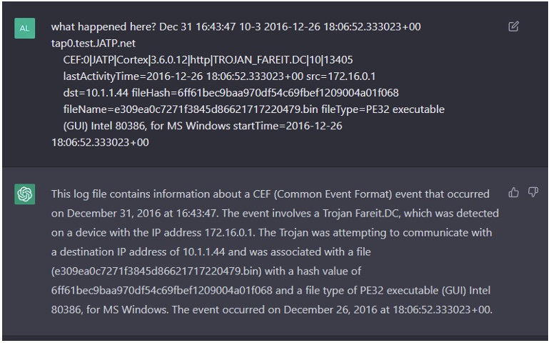 ChatGPT as a Cybersecurity Assistant.  Some interesting use cases in this article:
* What happened in this log file?
* Is this code vulnerable to XSS? 
* Convert this shellcode into Python
#cybersecurity #chatgpt

buff.ly/3isYEjP