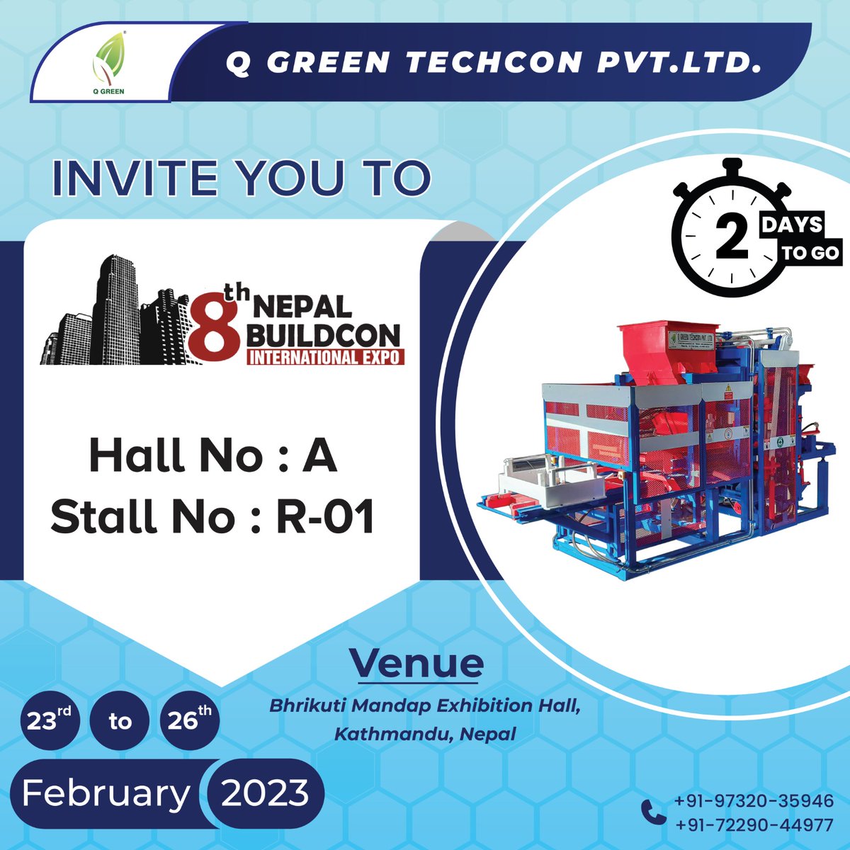 qgreentech's tweet photo. 2 Days To Go | We Invite You to
Visit Us @ Nepal Buildcon International Expo

Meet us at 👇
Hall No:- A
Stall No: R-01

#qgreen #expo #kathmandu #nepalbuildconinternational #invitation #Nepal https://t.co/cVbwnKmihr