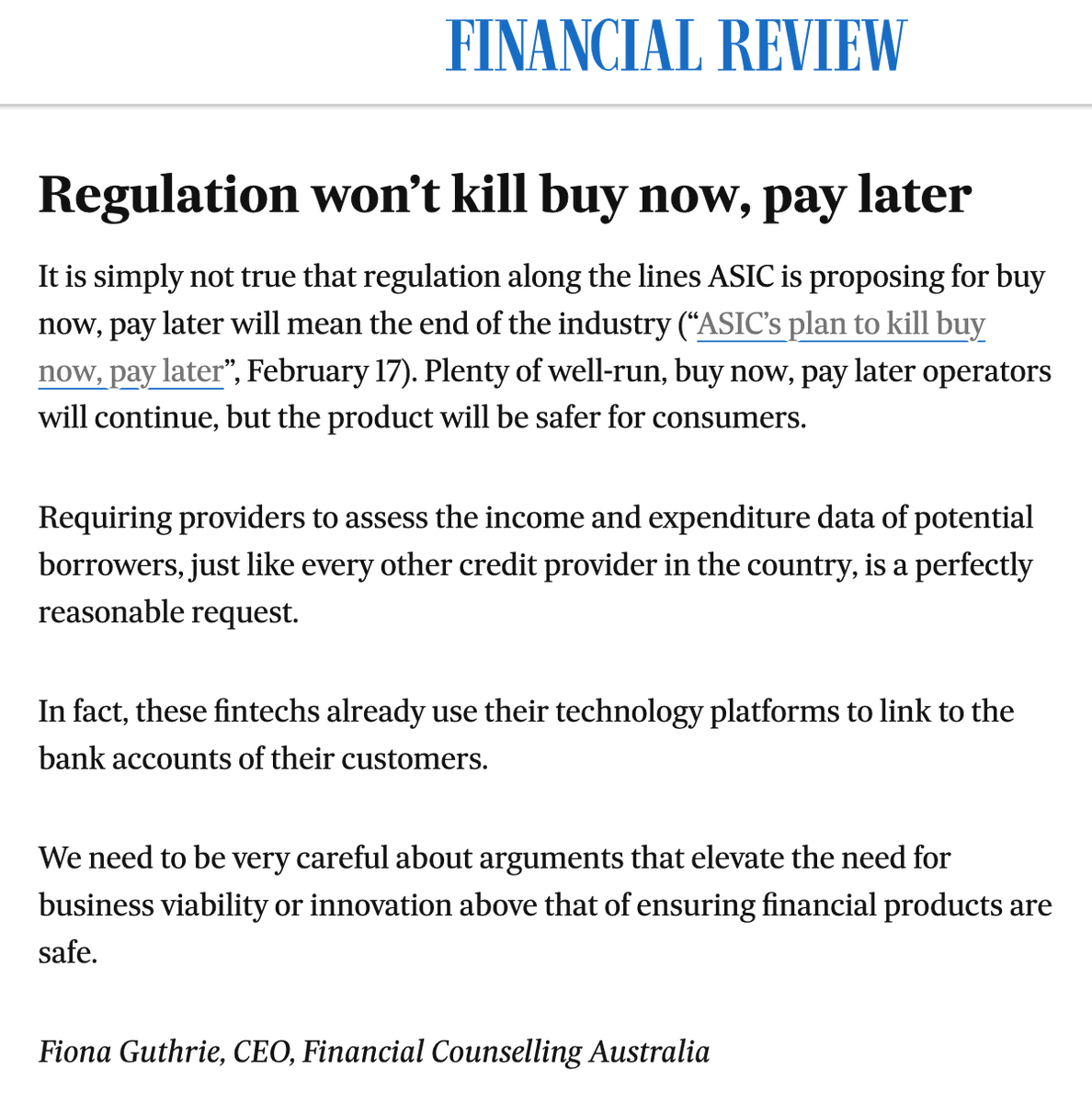 Regulation won't kill #buynowpaylater. But regulation WILL create proper safeguards for consumers, too many of whom have been victims of a product that has slipped through legal loopholes. #closelendingloopholes <a href="/choiceaustralia/">CHOICE</a> <a href="/consumer_action/">Consumer Action</a>