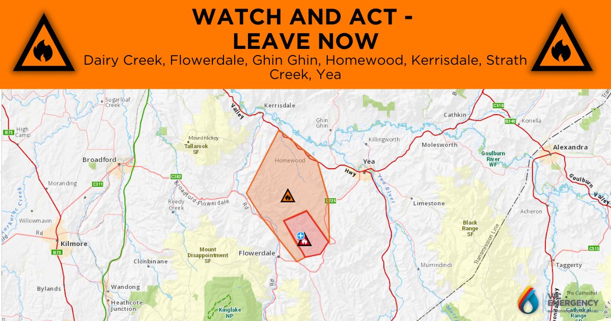 This WATCH &amp; ACT - GRASS FIRE - Leave Now is for Flowerdale and surrounds.

Don't wait - If you are not prepared to stay, leaving now is the safest option. Emergency services may not be able to help you if you decide to stay.

More details at emergency.vic.gov.au/respond/#!/war…
